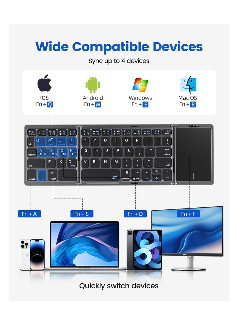Arabic  English Foldable Bluetooth Keyboard with Touchpad, Rechargeable Wireless Portable Keyboard, Dual-Mode Bluetooth/USB Wired Pocket-Sized Travel Keyboard for i-O-S, Android, Windows, Mac OS - Image 2